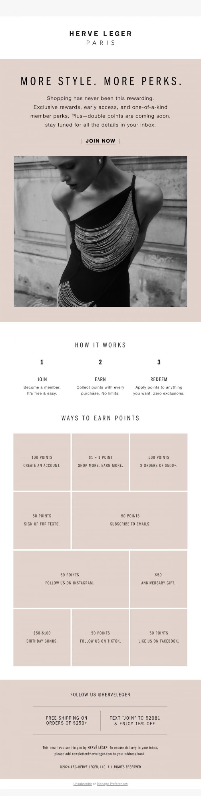 Email Design Inspiration from Herve Leger, Join Herve Leger Rewards