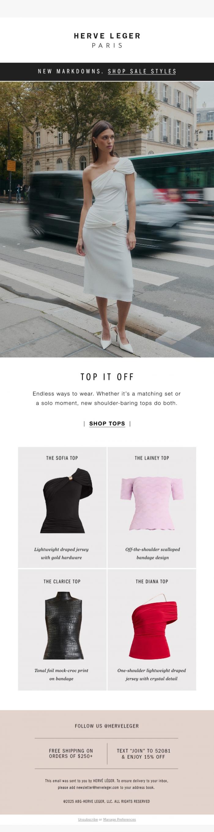 Email Design Inspiration from Herve Leger, Off The Shoulder, On Your List