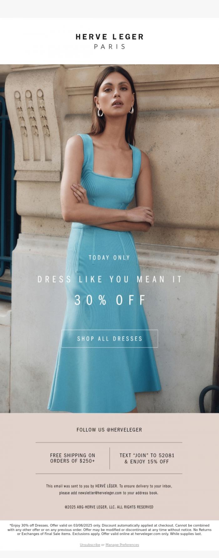Email Design Inspiration from Herve Leger, 30% Off. It's National Dress Day.