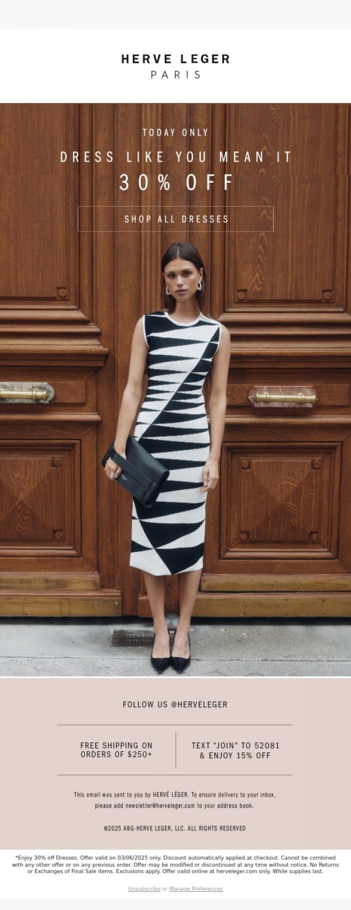 Email Design Inspiration from Herve Leger, Ends Tonight. 30% Off All Dresses