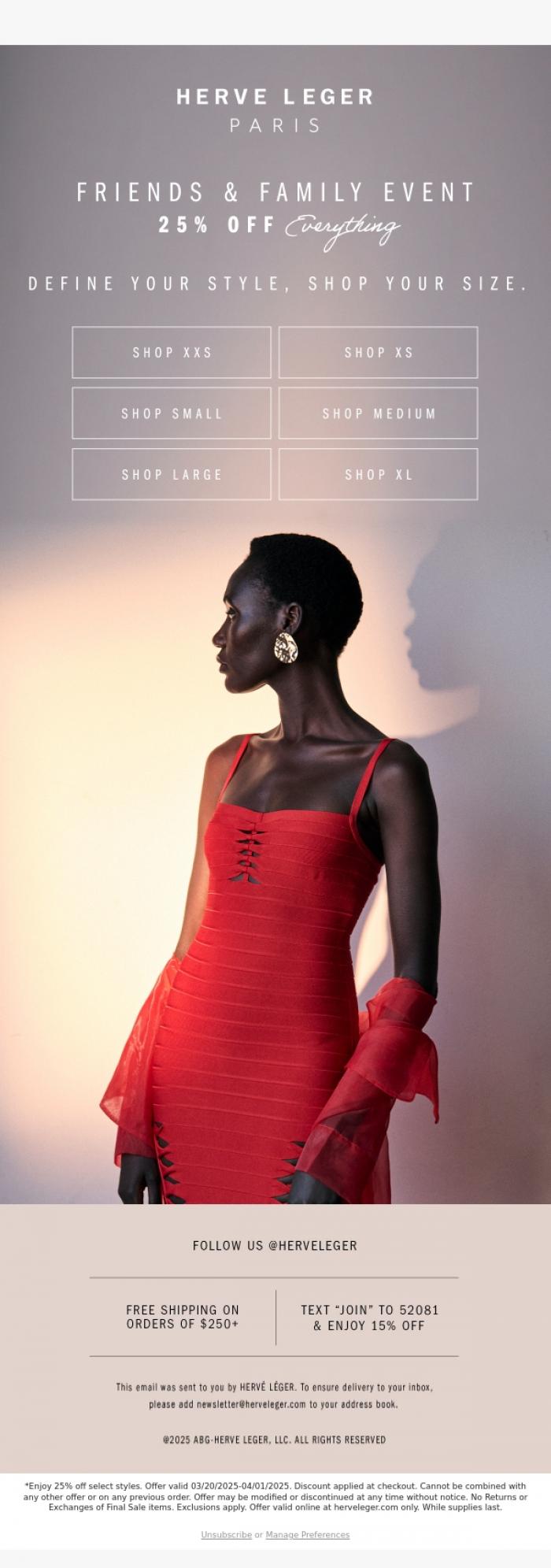 Email Design Inspiration from Herve Leger, 25% Off. Your Style. Your Size.