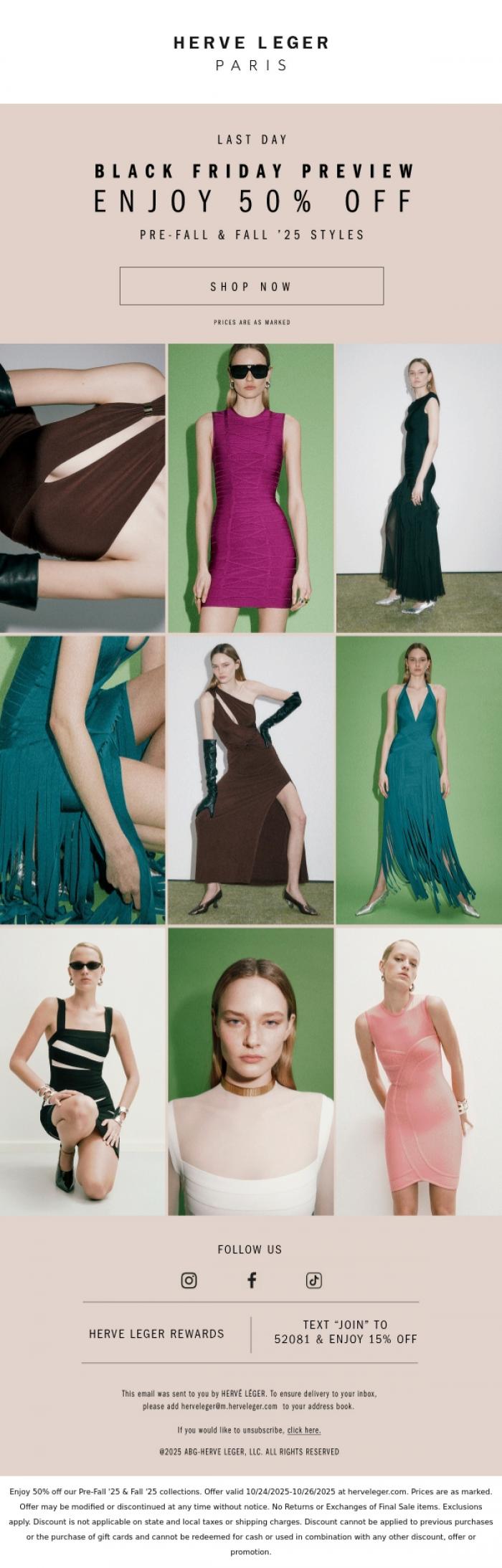 Email Design Inspiration from Herve Leger, 50% Off Ends Tonight