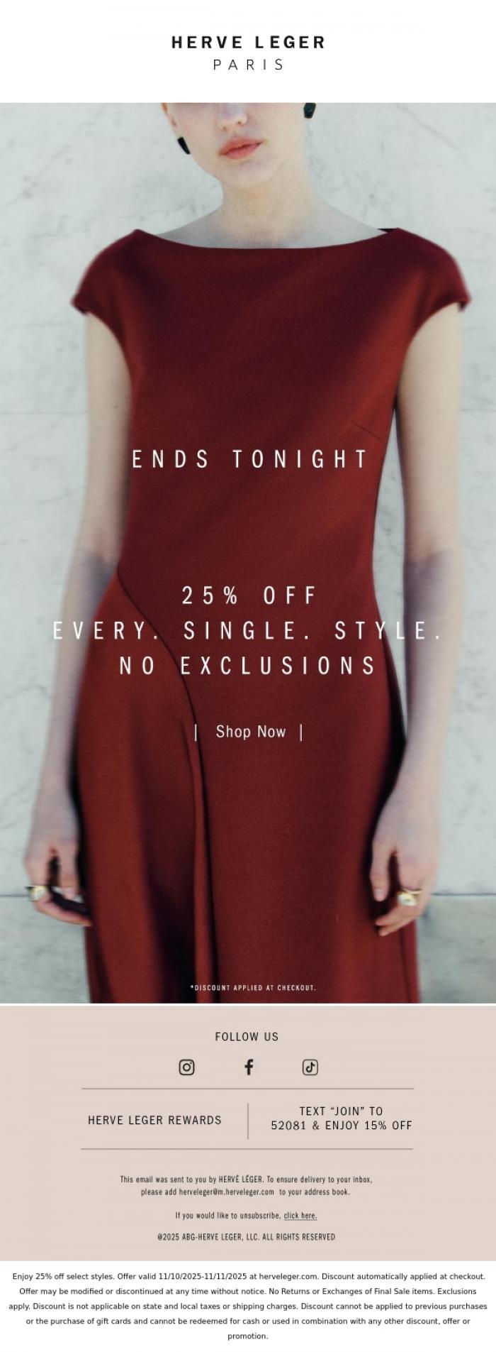 Email Design Inspiration from Herve Leger, It's Ending. 25% Off Singles' Day Sale
