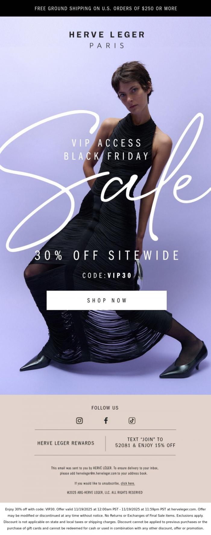 Email Design Inspiration from Herve Leger, 30% Off. Black Friday. VIP Only