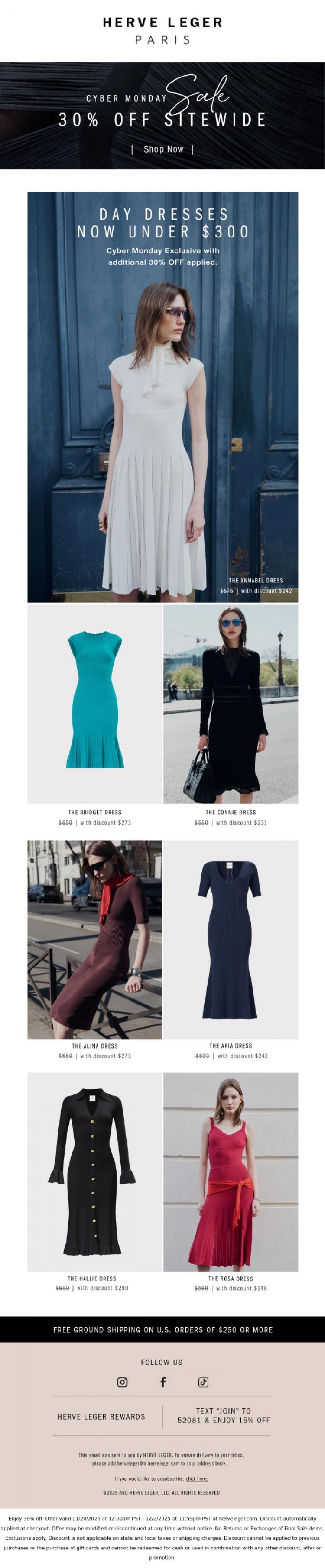 Email Design Inspiration from Herve Leger, Now Under $300. Day Dresses
