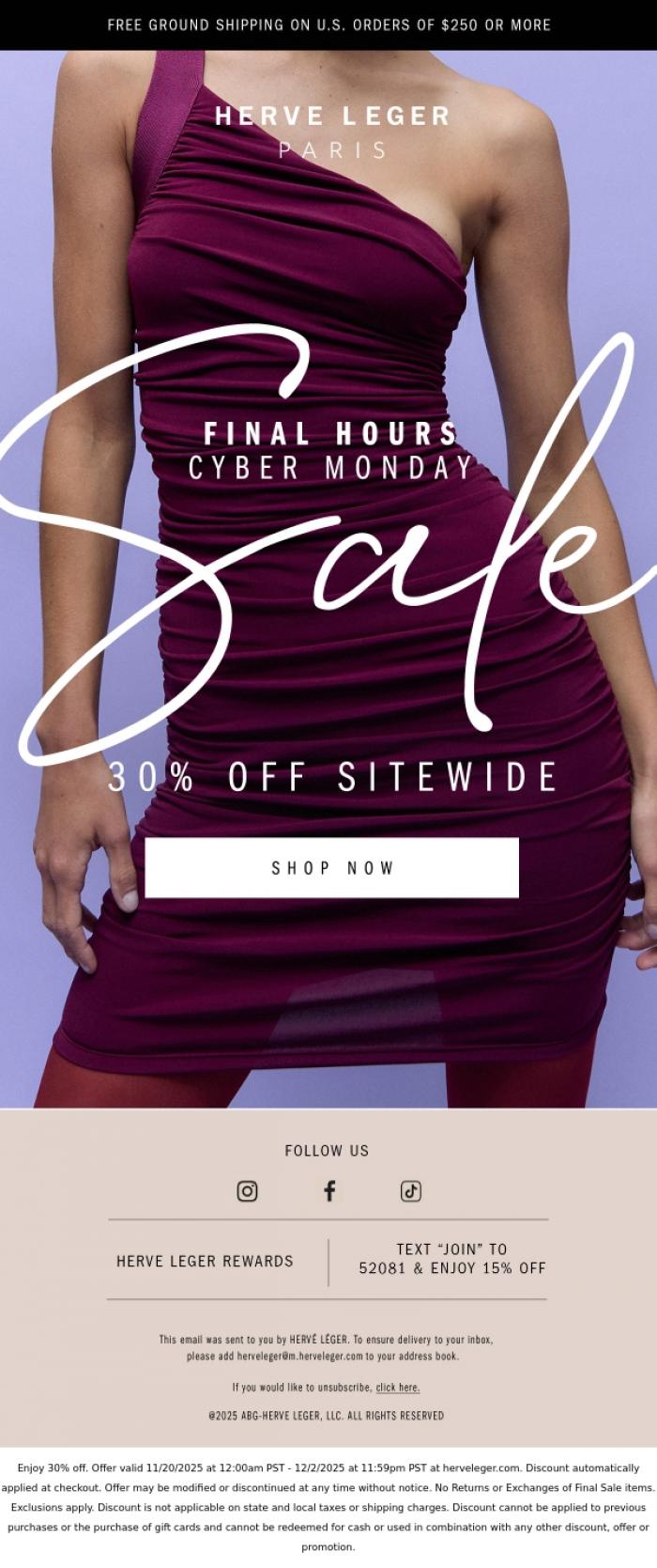 Email Design Inspiration from Herve Leger, Don't Miss. 30% Off Everything