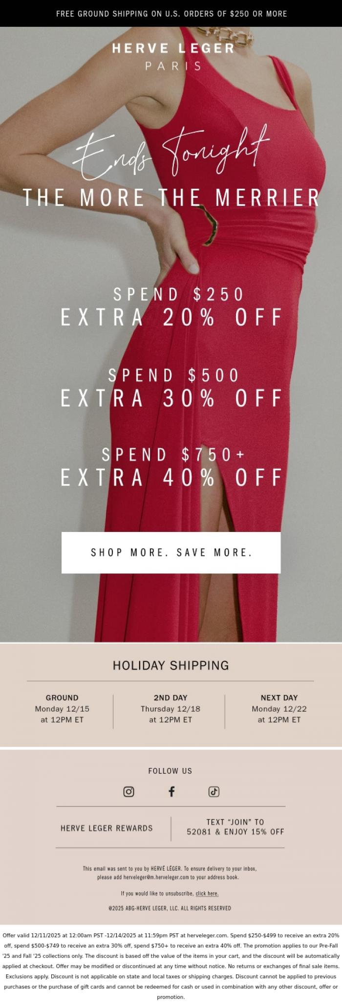 Email Design Inspiration from Herve Leger, Last Day. Up To An Extra 40% Off.