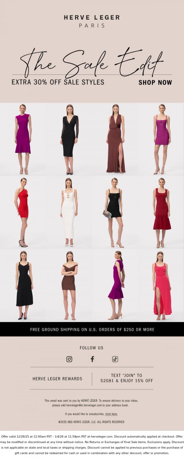 Email Design Inspiration from Herve Leger, Extra 30% Off. The Sale Edit