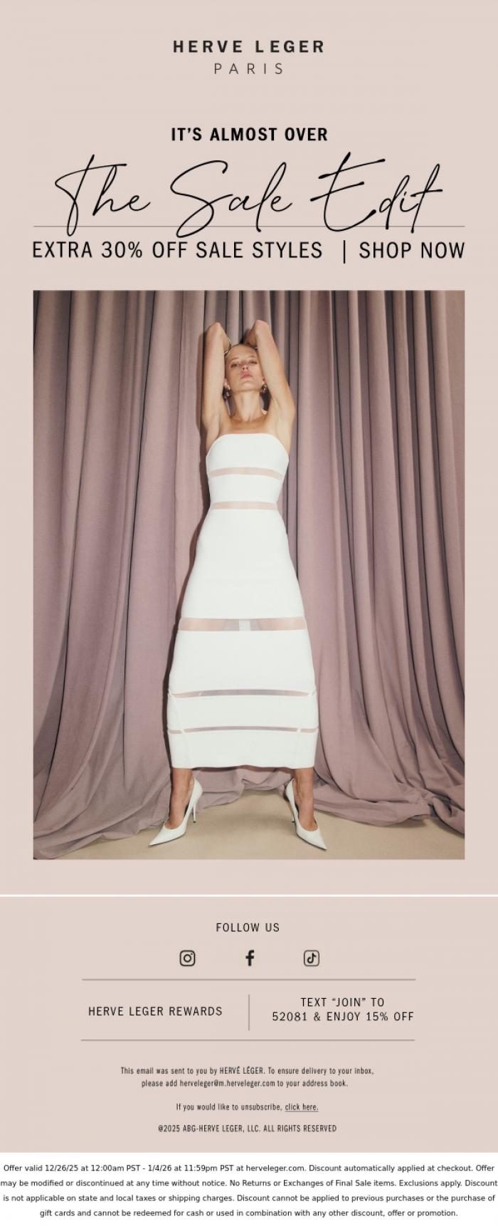 Email Design Inspiration from Herve Leger, Extra 30% Off. Only Til Midnight