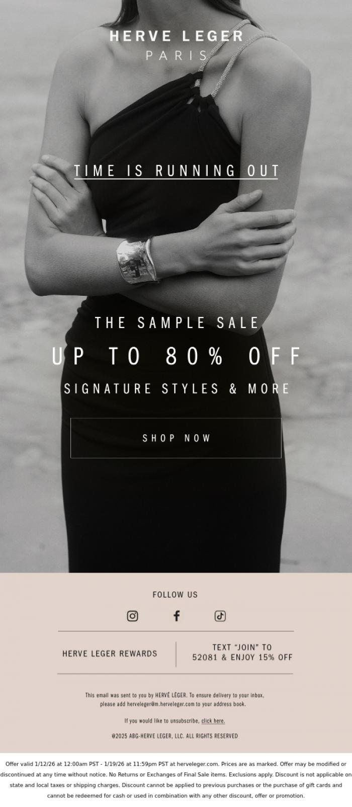 Email Design Inspiration from Herve Leger, Up To 80% Off. Few Hours Left