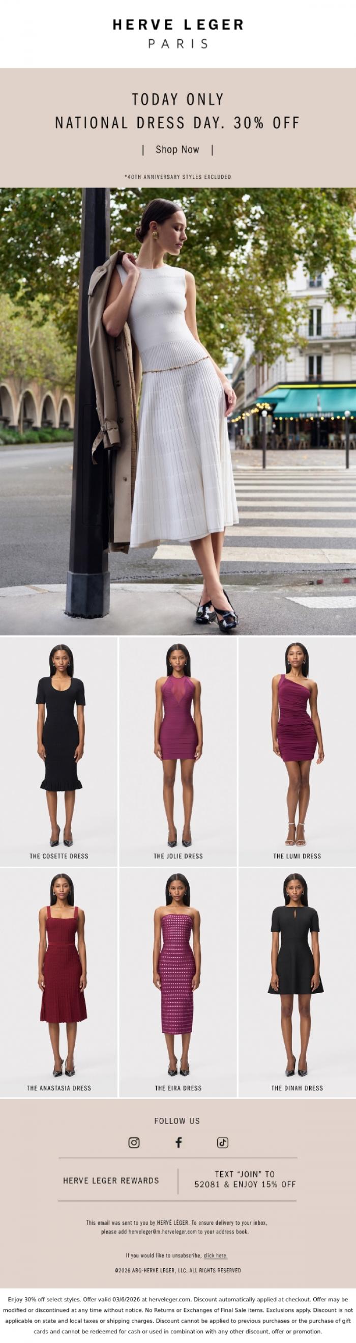 Email Design Inspiration from Herve Leger, 30% Off Dresses. Today Only.