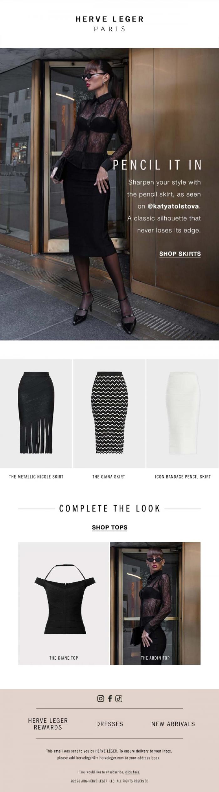 Email Design Inspiration from Herve Leger, The Pencil Skirt. Perfected.