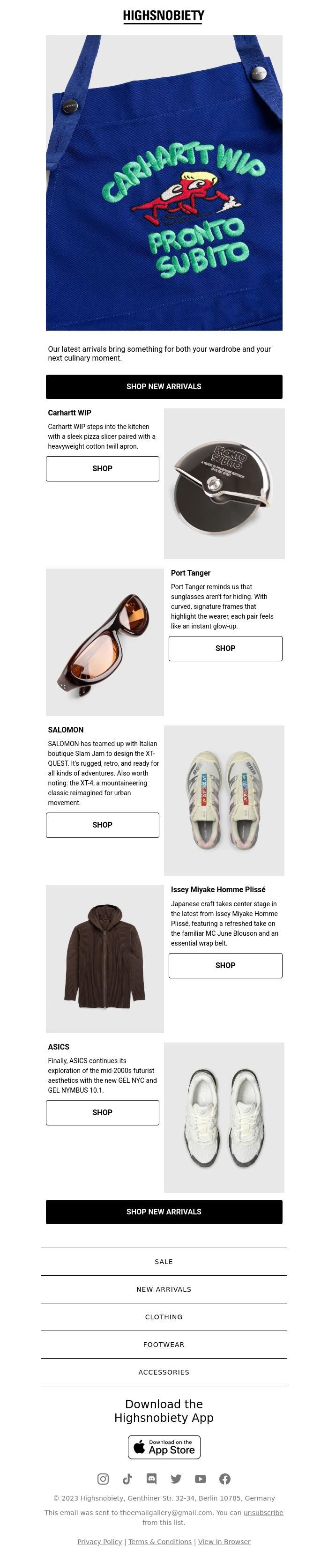 Email Design Inspiration from Highsnobiety Shop, New Arrivals: Port Tanger,  Issey Miyake, and a pizza slicer