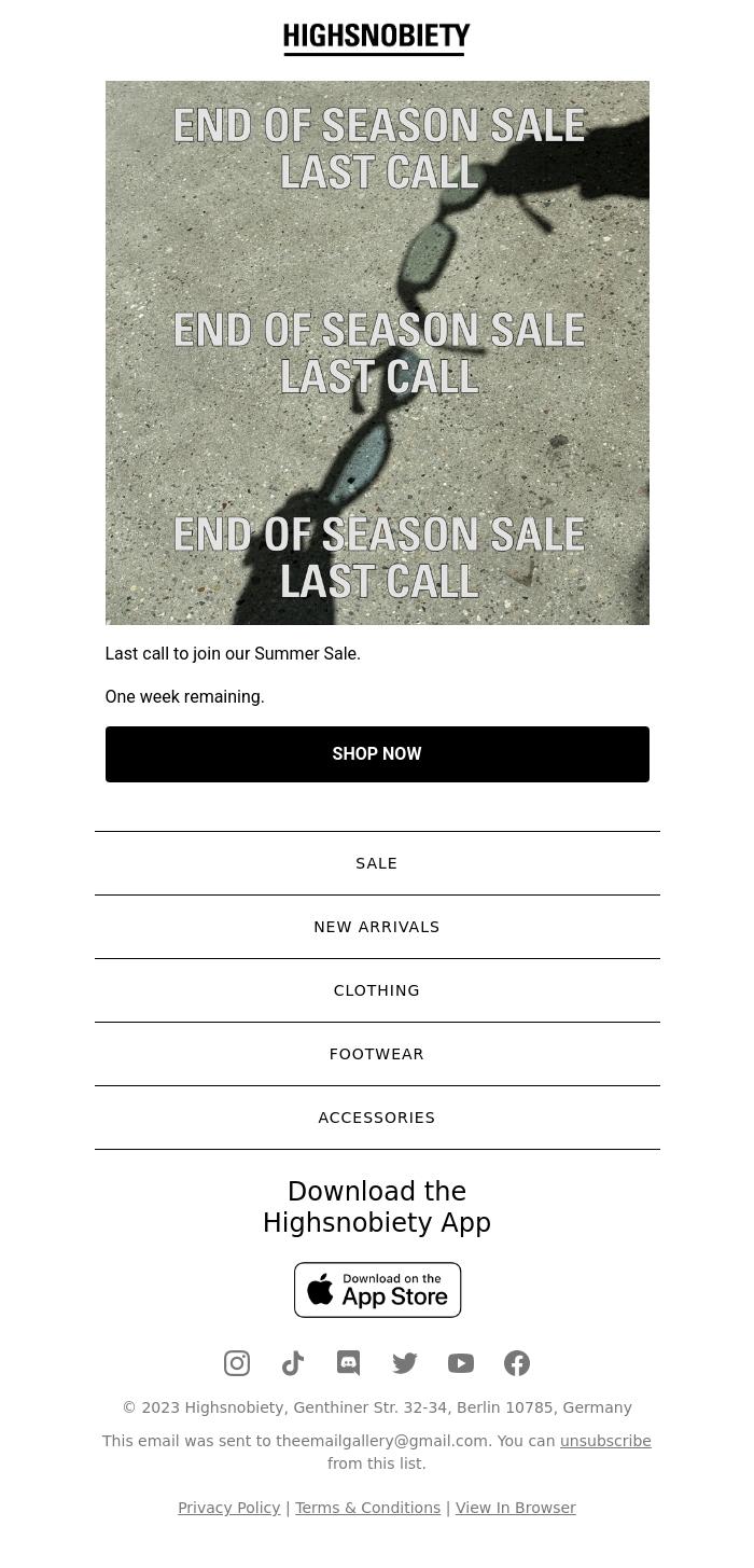 Email Design Inspiration from Highsnobiety Shop, Summer Sale: Last Call