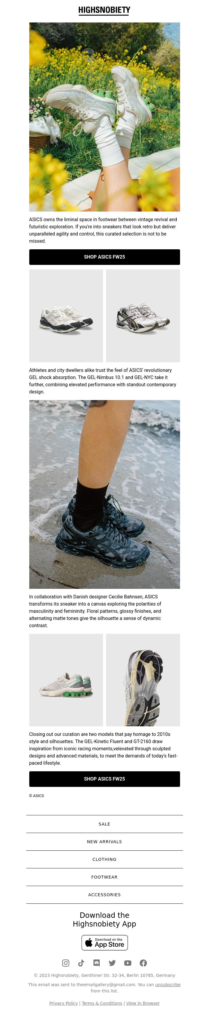 Email Design Inspiration from Highsnobiety Shop, New Arrivals: Shop Our ASICS FW25 Curation