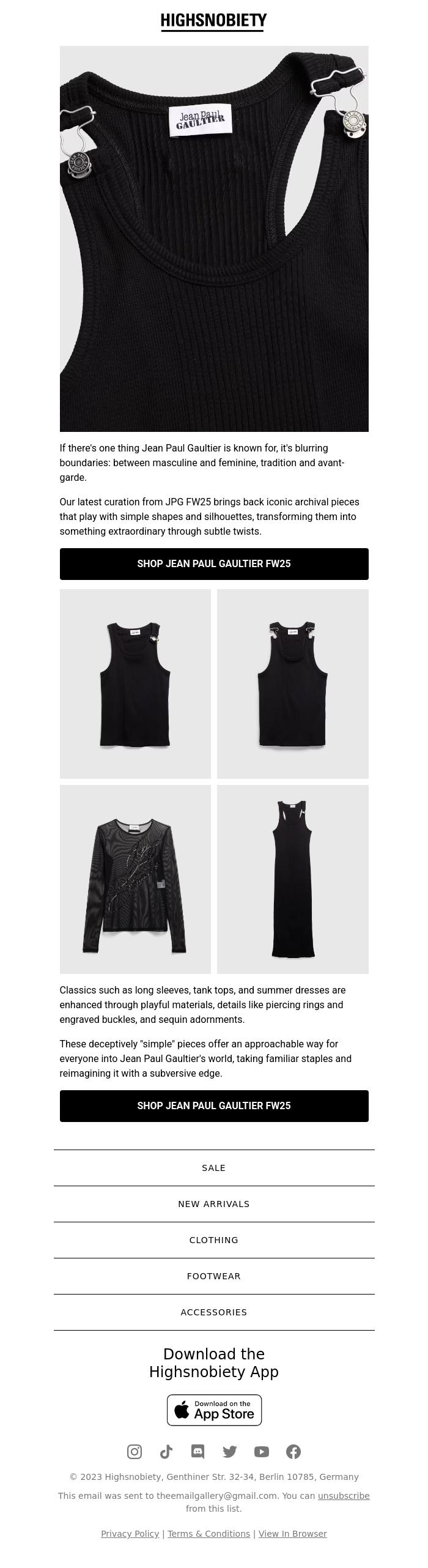 Email Design Inspiration from Highsnobiety Shop, Get Jean Paul Gaultier Archive Icons