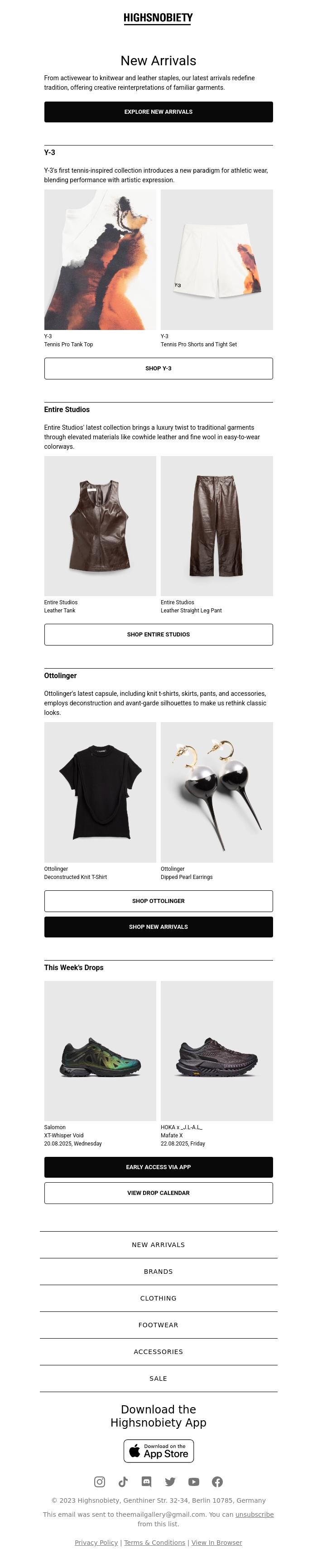 Email Design Inspiration from Highsnobiety Shop, New Arrivals: Y-3, Ottolinger, and Entire Studios