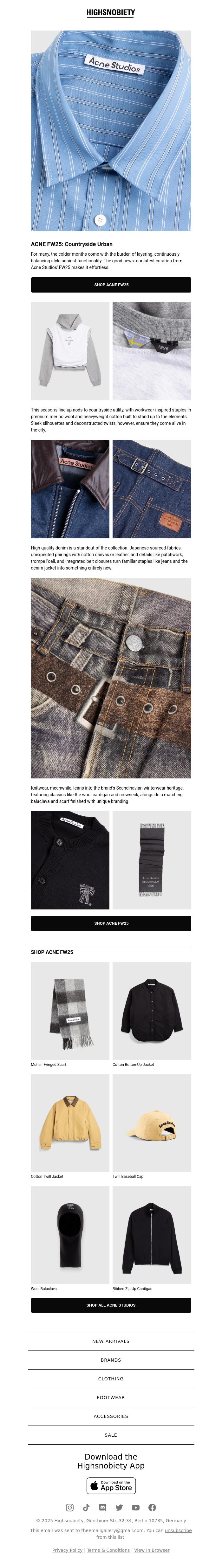 Email Design Inspiration from Highsnobiety Shop, Shop Acne Studios' FW25 Country-Inspired Style