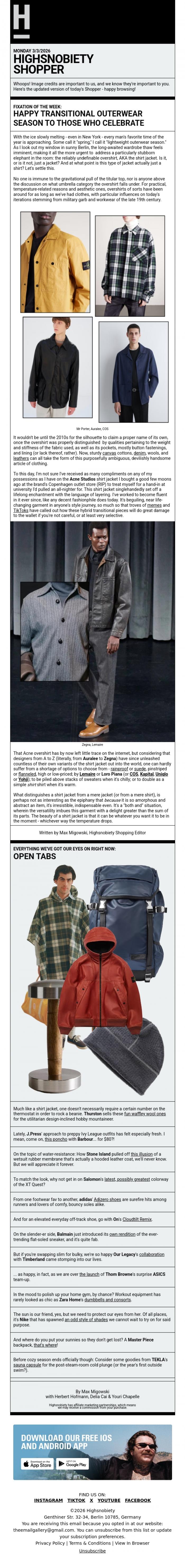 Email Design Inspiration from Highsnobiety Shop, Now With Correct Captions: Yes, Overshirts Are Outerwear