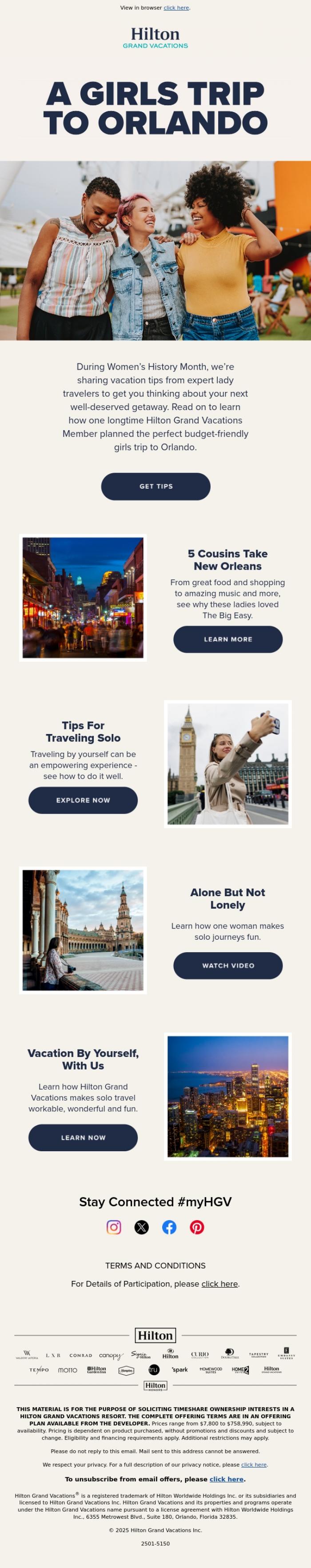 Email Design Inspiration from Hilton Grand Vacations, Go With A Group Or Travel Solo With Hilton Grand Vacations