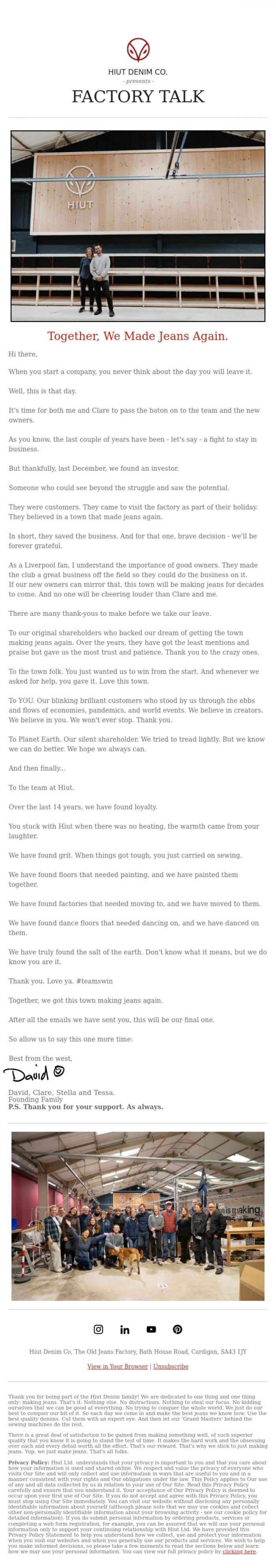 Email Design Inspiration from Hiut Denim Co., Important Update.