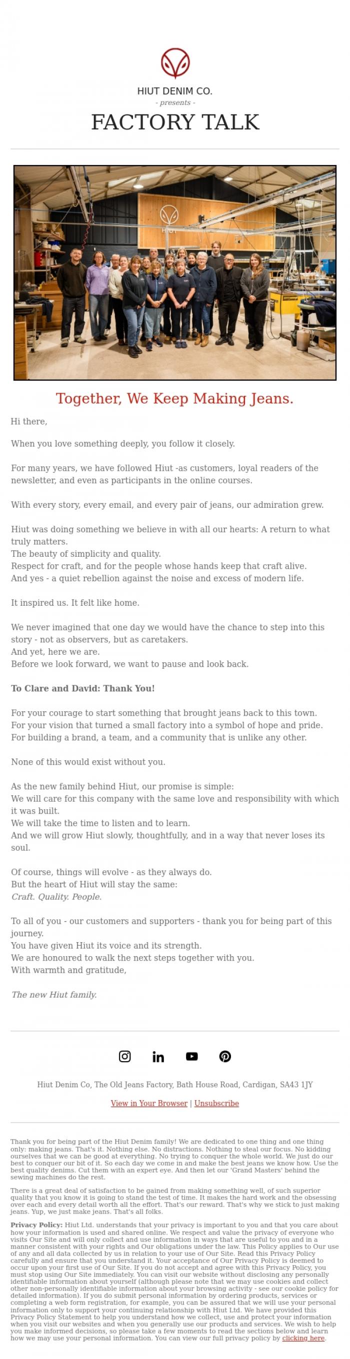 Email Design Inspiration from Hiut Denim Co., Welcome to a New Chapter with Hiut.