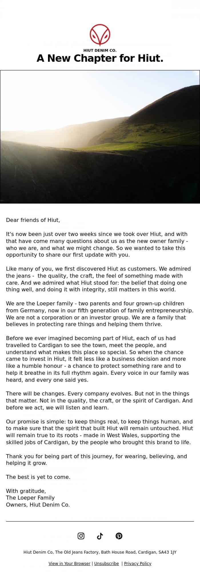 Email Design Inspiration from Hiut Denim Co., A Fresh Start from Cardigan.