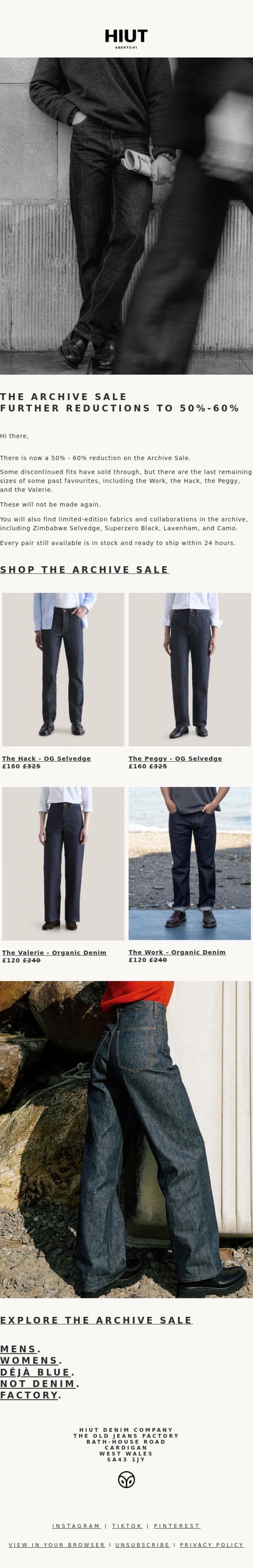 Email Design Inspiration from Hiut Denim Co., The Archive Sale: 50%-60% Final Reduction