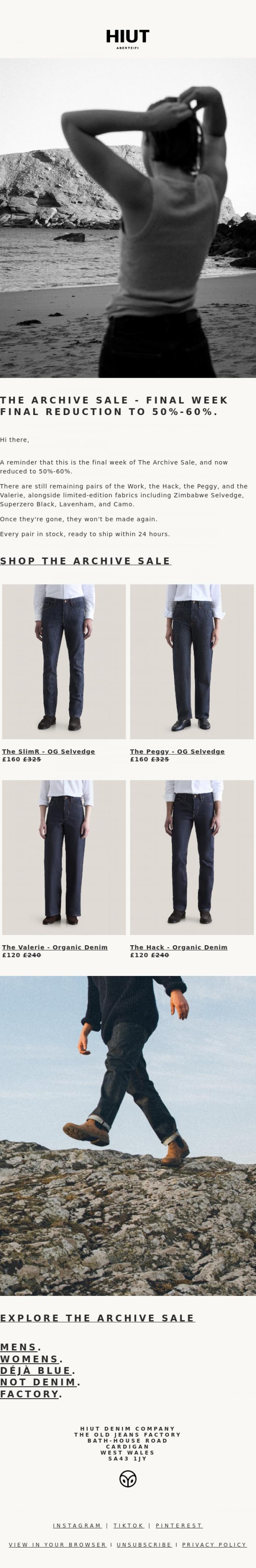Email Design Inspiration from Hiut Denim Co., The Archive Sale - Final week