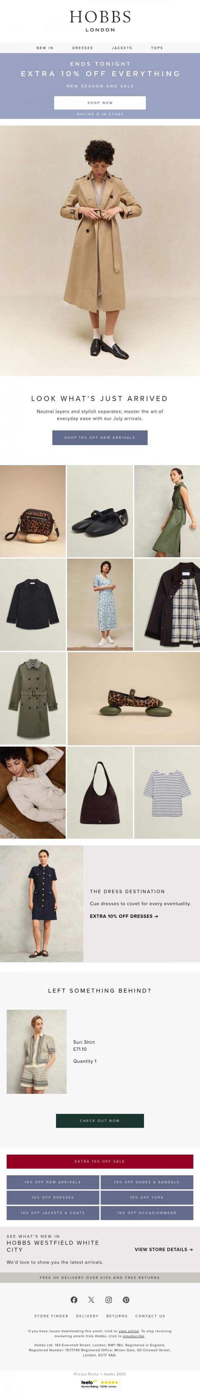 Email Design Inspiration from Hobbs, FW: Extra 10% off everything ENDS TONIGHT!