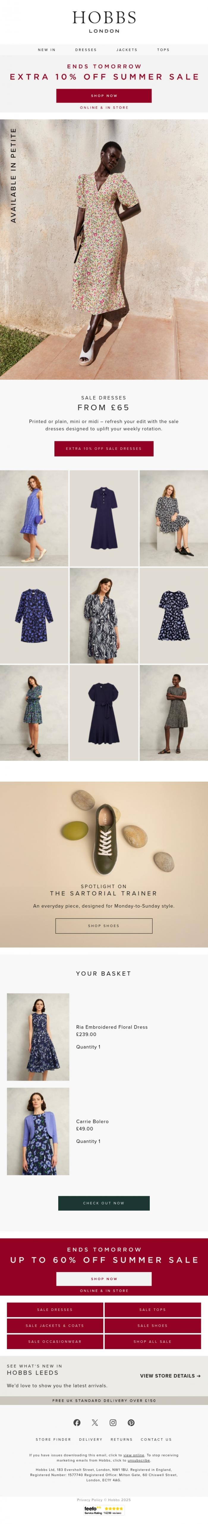 Email Design Inspiration from Hobbs, EXTRA 10% off - Sale dresses from &pound;65.