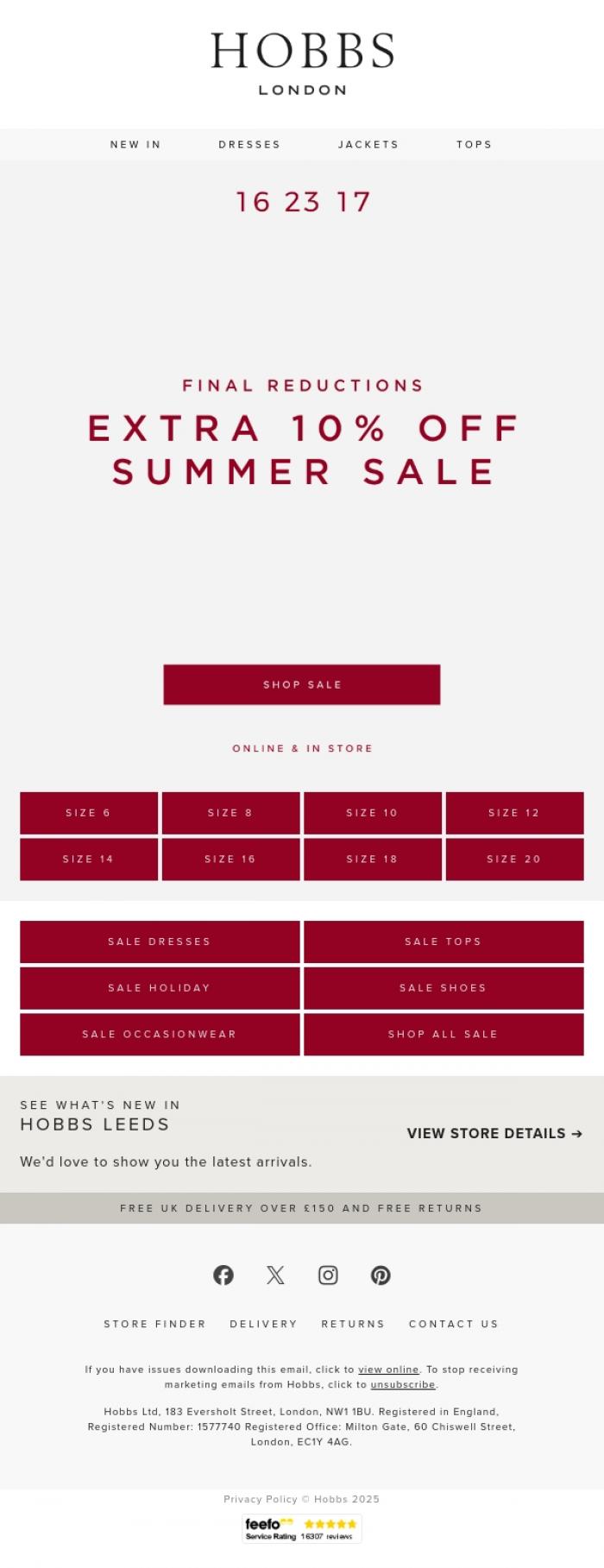 Email Design Inspiration from Hobbs, Final hours | Sale ends TONIGHT.