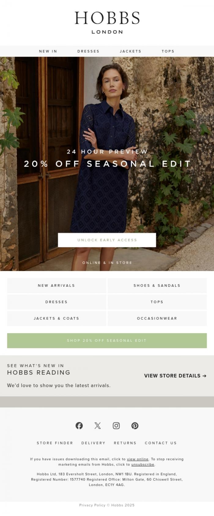 Email Design Inspiration from Hobbs, 24hr preview | 20% OFF seasonal edit.