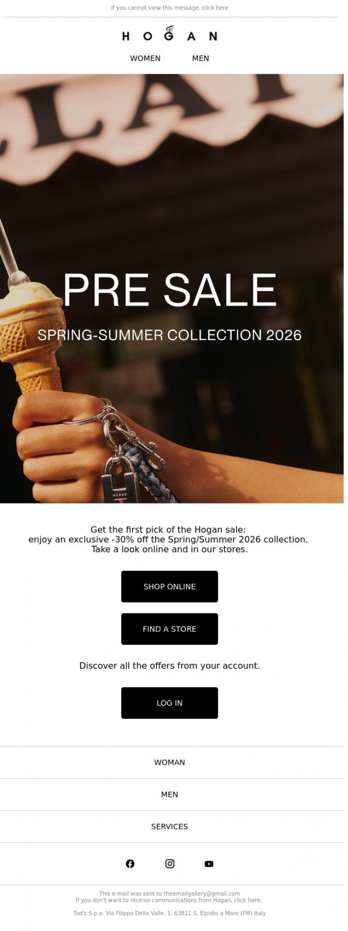 Email Design Inspiration from HOGAN, Your exclusive access to the Hogan Pre-Sale