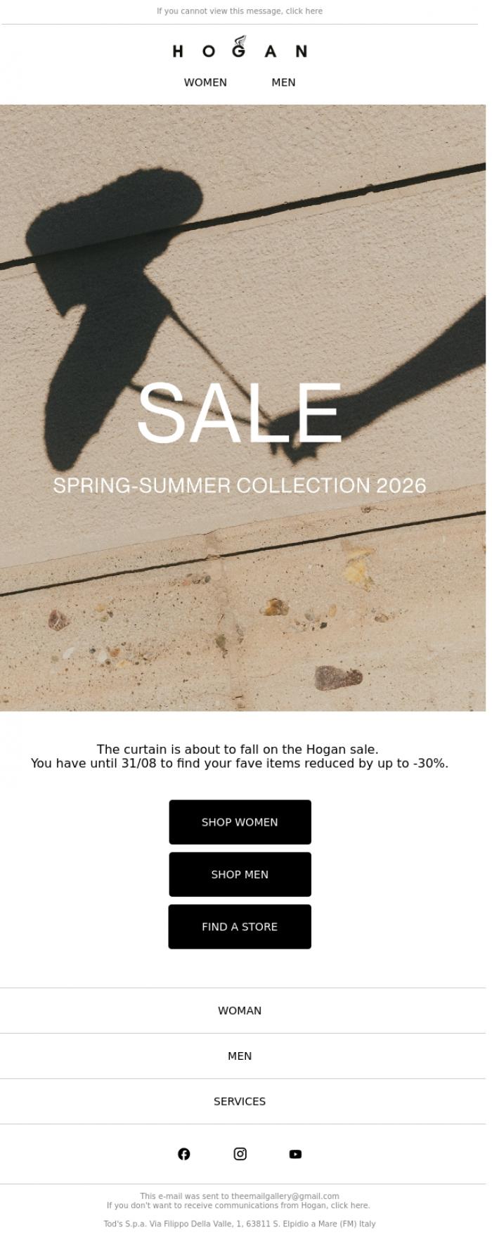Email Design Inspiration from HOGAN, The sale ends soon