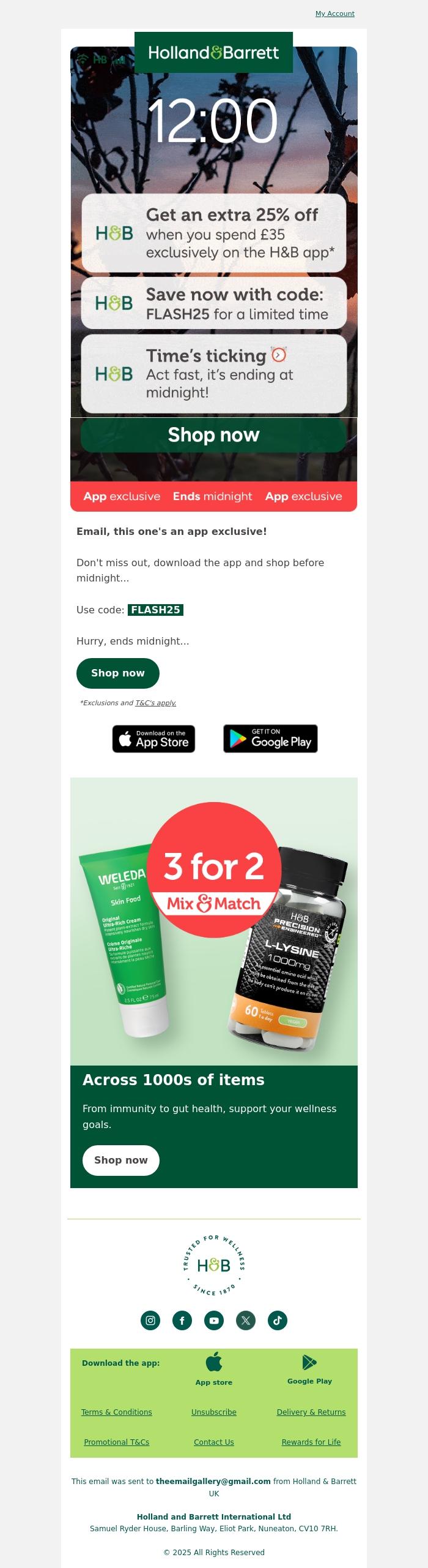 Email Design Inspiration from Holland & Barrett, App-solute savings:  Get 25% OFF 🚨
