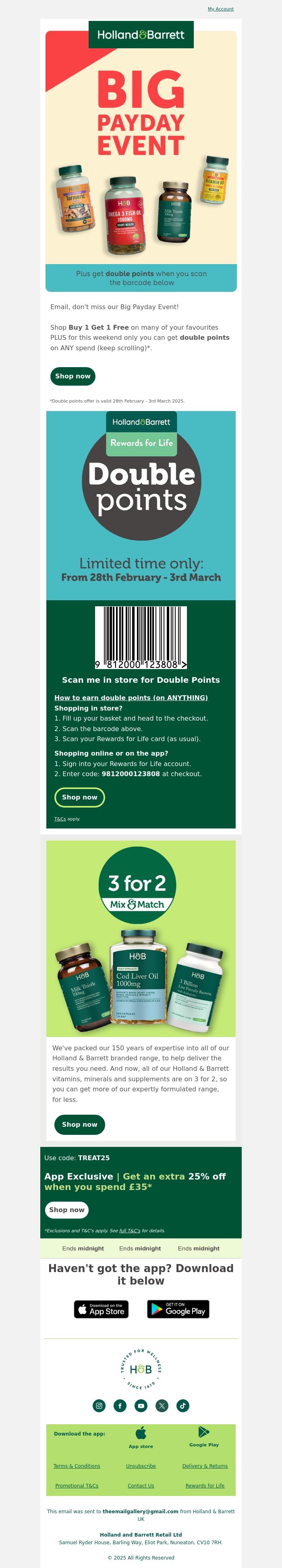 Email Design Inspiration from Holland & Barrett, Shop Buy 1 Get 1 Free PLUS double points this Payday weekend 🤑