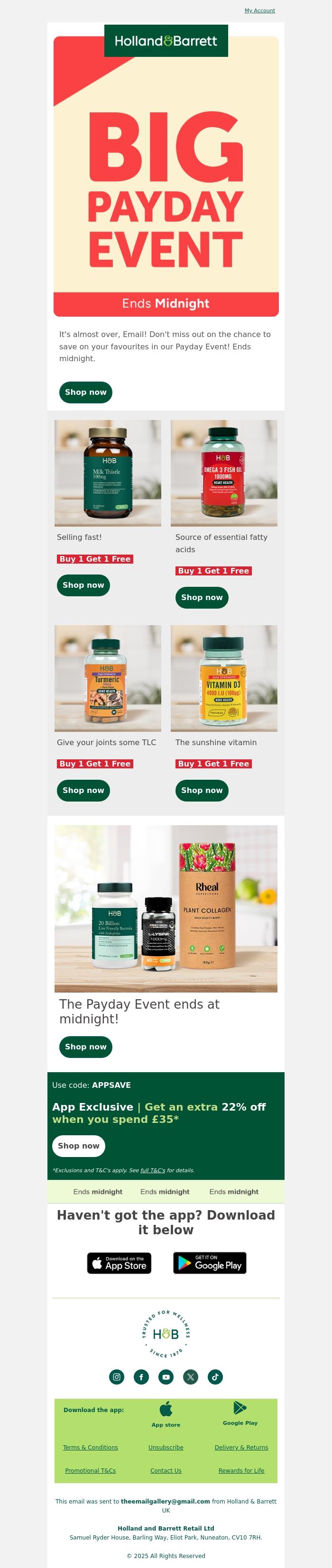 Email Design Inspiration from Holland & Barrett, The Payday Event ENDS MIDNIGHT 🚨