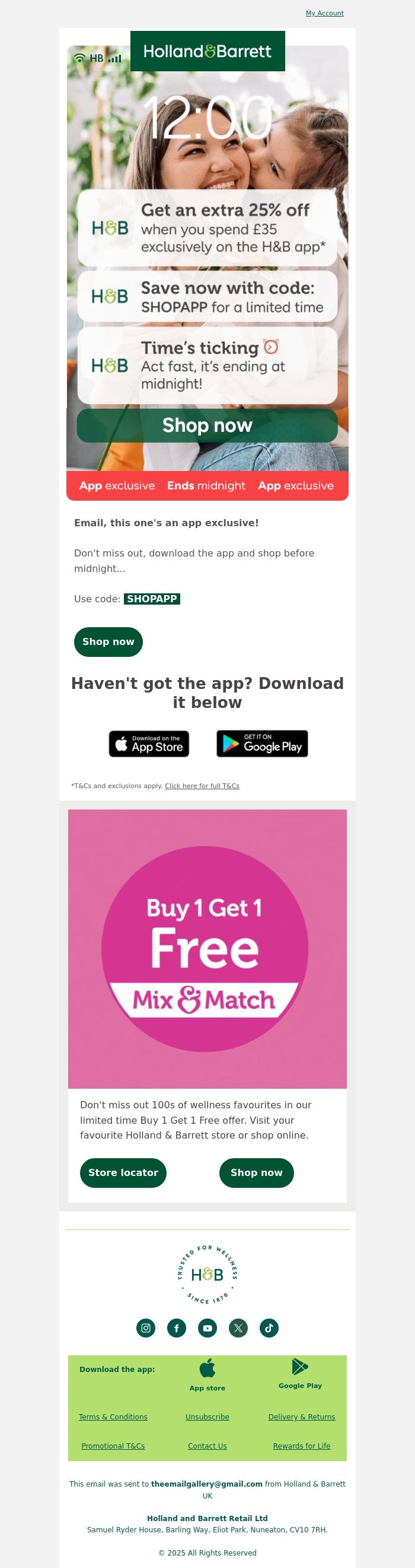 Email Design Inspiration from Holland & Barrett, App-solute savings 💌 Get 25% OFF