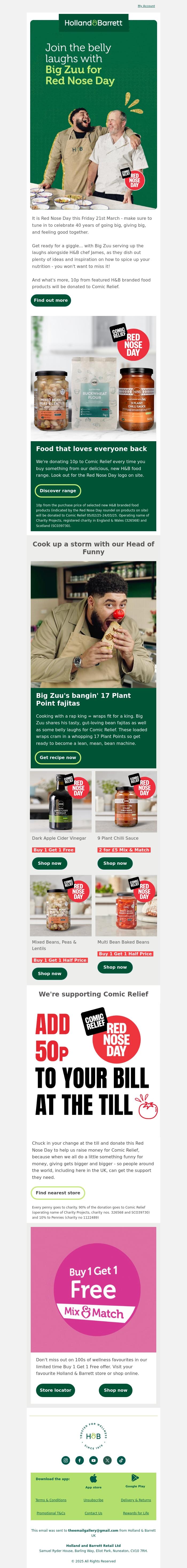 Email Design Inspiration from Holland & Barrett, Support Comic Relief with Big Zuu this Red Nose Day