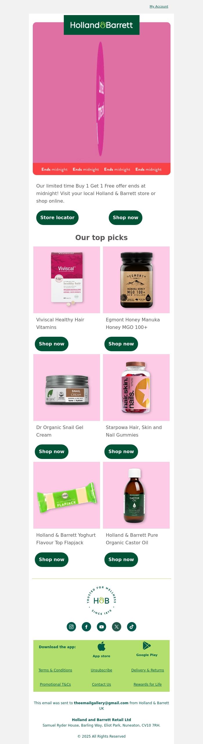Email Design Inspiration from Holland & Barrett, LAST CHANCE to shop Buy 1 Get Free 🚨