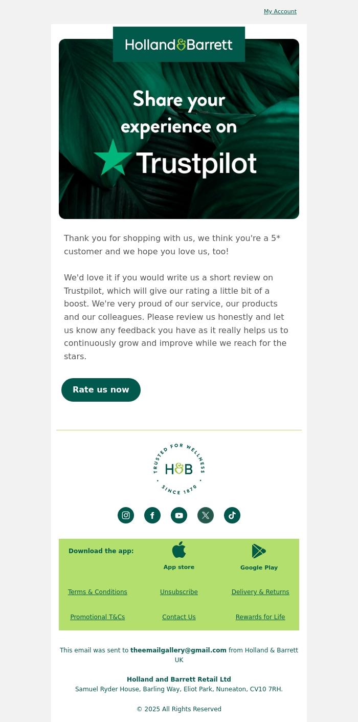 Email Design Inspiration from Holland & Barrett, You're a 5* customer