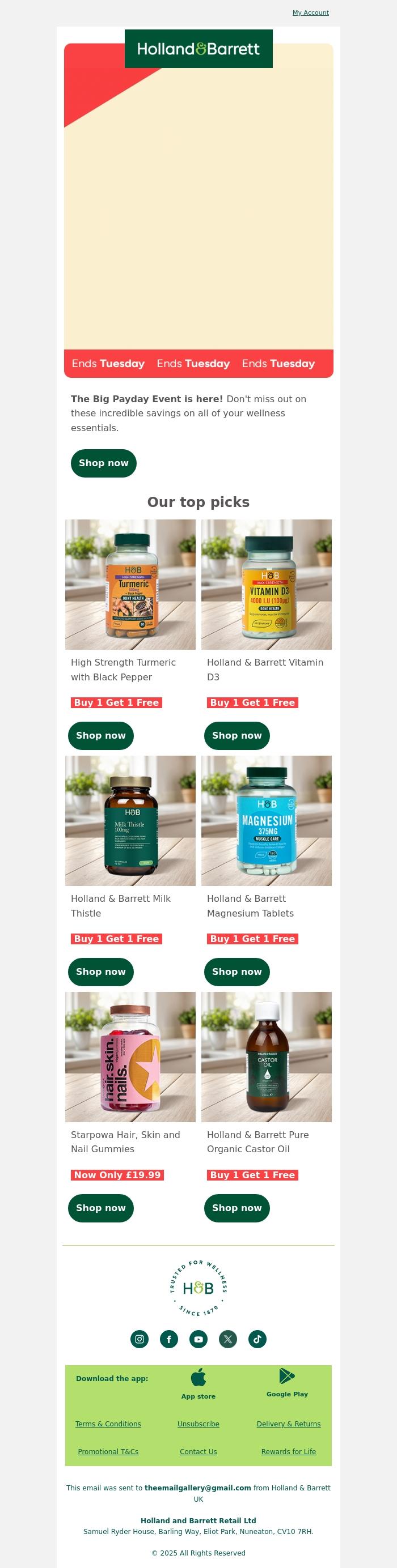 Email Design Inspiration from Holland & Barrett,  Email, your Payday savings are waiting ⏰ 