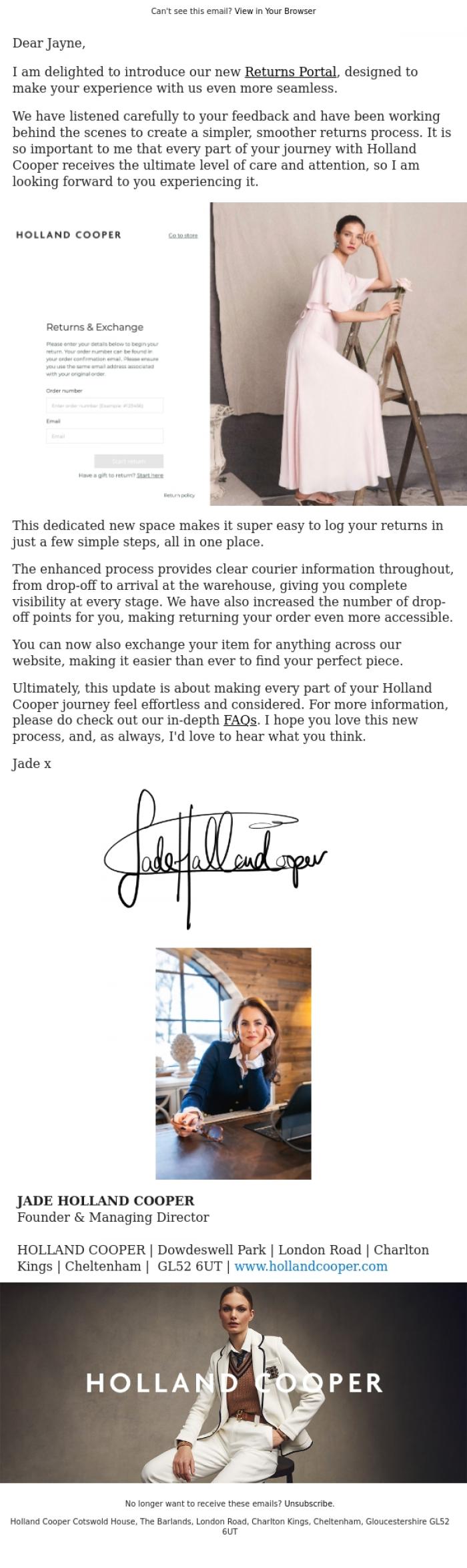 Email Design Inspiration from Holland Cooper, New Returns And Exchanges Portal