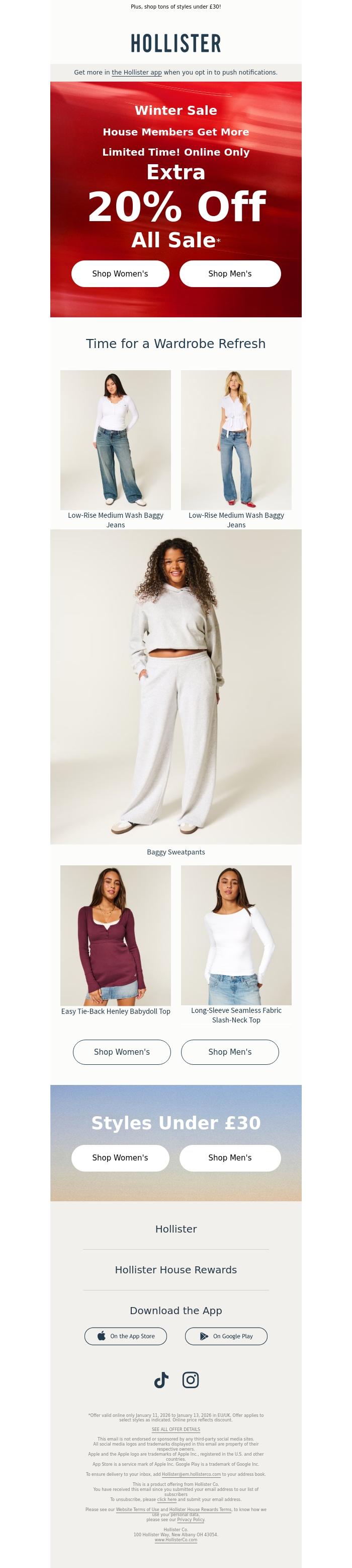 Email Design Inspiration from Hollister, Extra 20% off all sale for House Members ⭐️