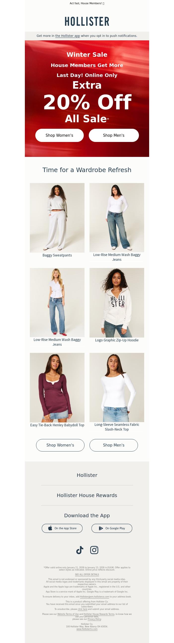 Email Design Inspiration from Hollister, Your extra 20% off ends today!