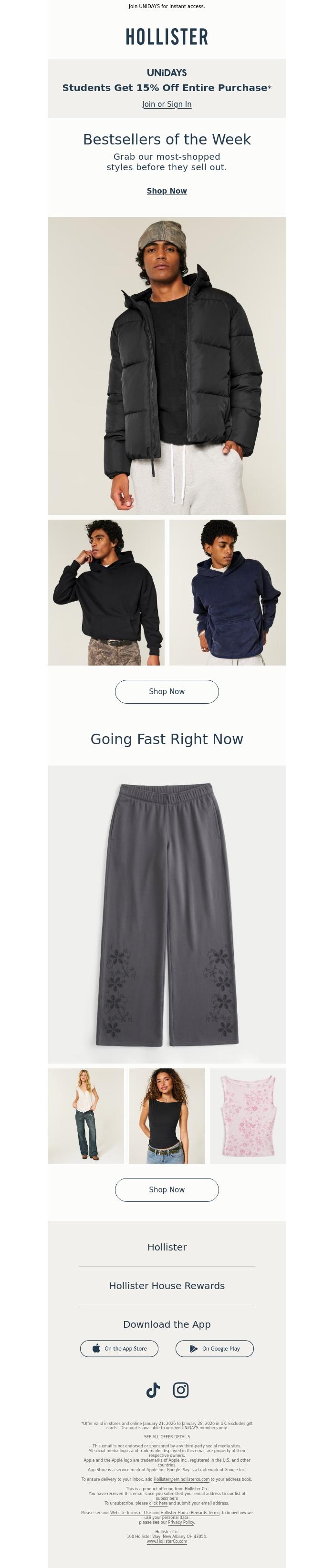 Email Design Inspiration from Hollister, Students only: 15% off entire purchase! 📚
