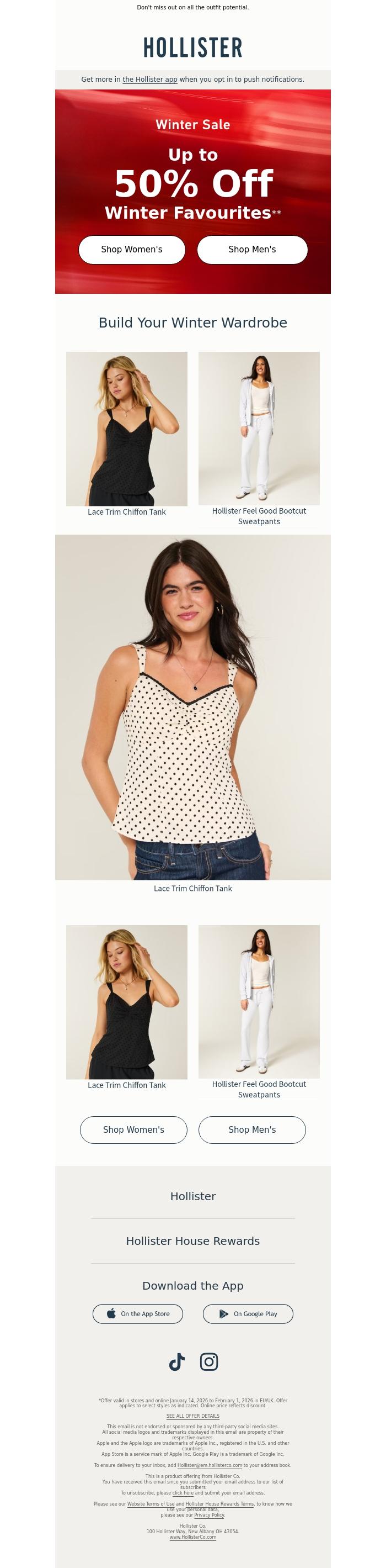 Email Design Inspiration from Hollister, 50% off winter favourites 👏