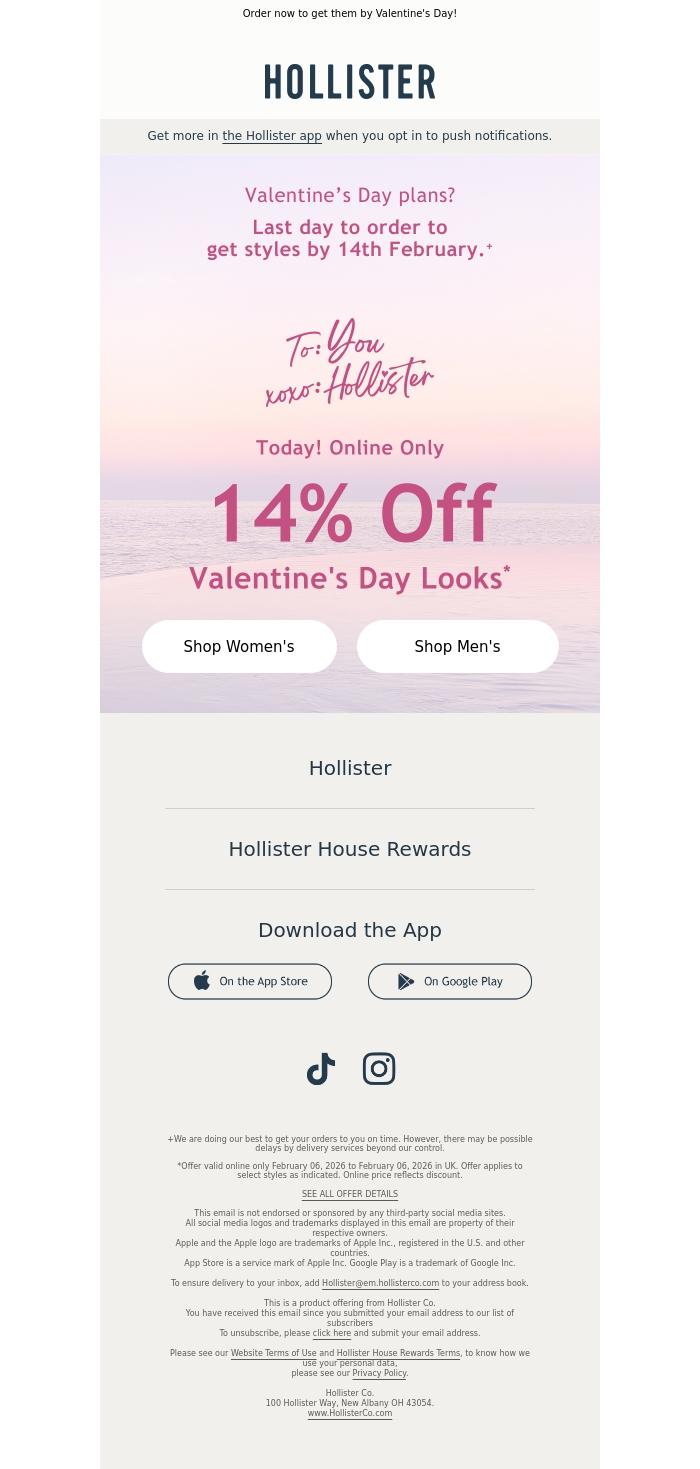 Email Design Inspiration from Hollister, TODAY ONLY: 14% off Valentine's Day Looks 💕