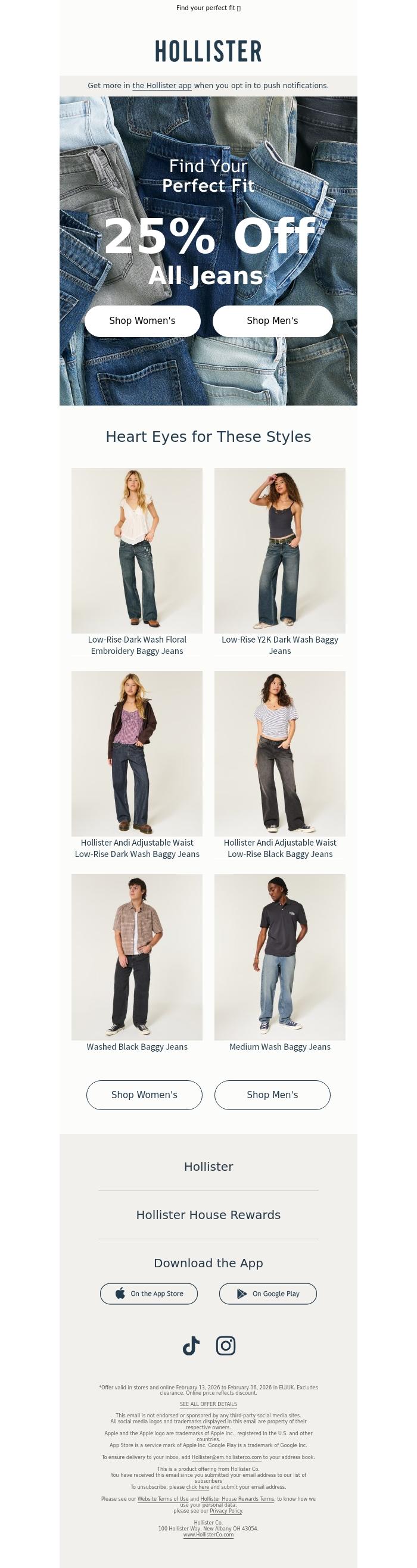 Email Design Inspiration from Hollister, 👖 25% OFF ALL JEANS 👖